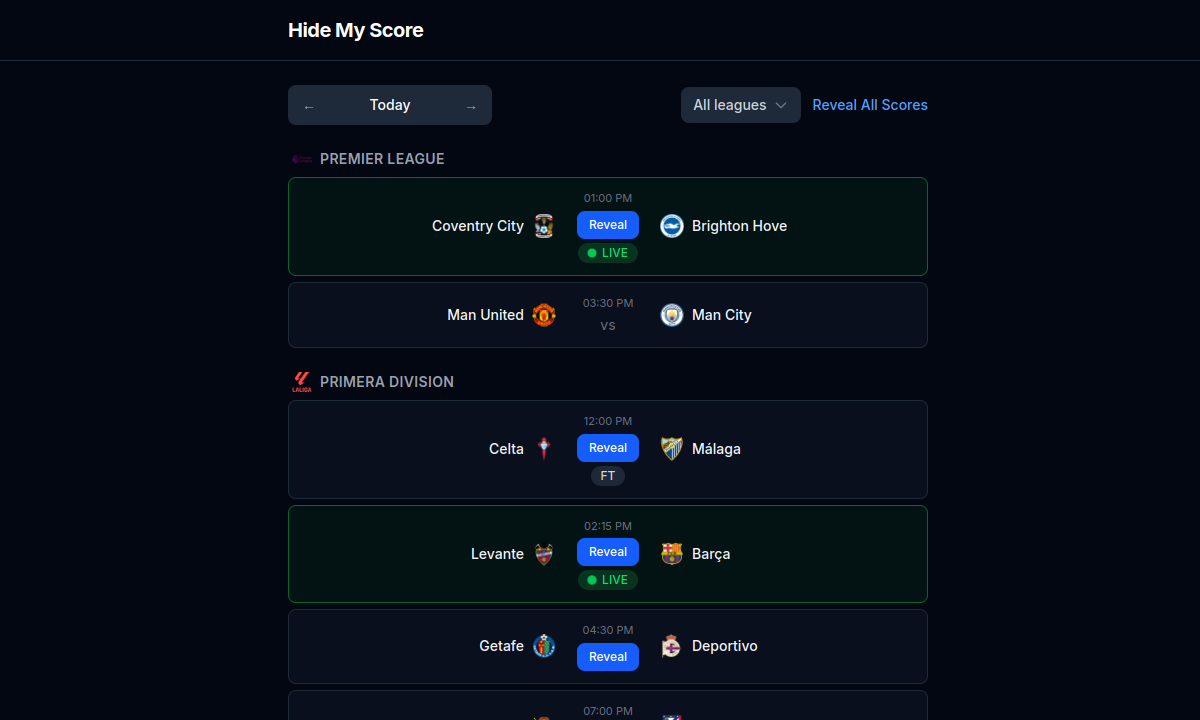 Homepage of Hide My Score showing hidden football results
