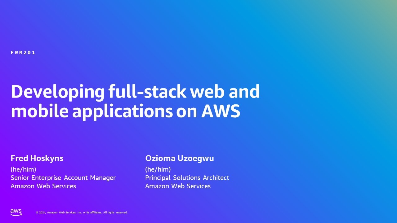 Title slide for Developing full-stack web and mobile applications on AWS