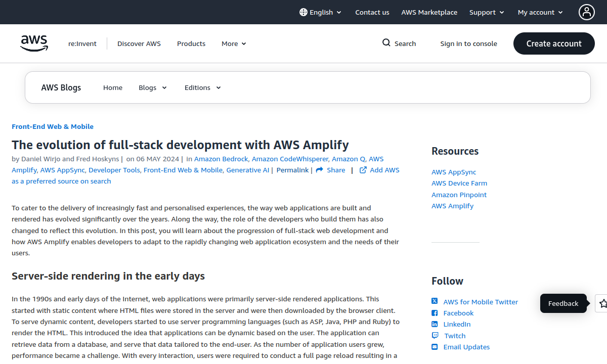 AWS blog page for The evolution of full-stack development with AWS Amplify