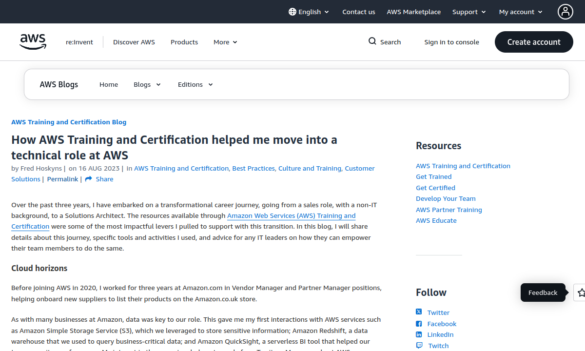 AWS blog page about moving into a technical role