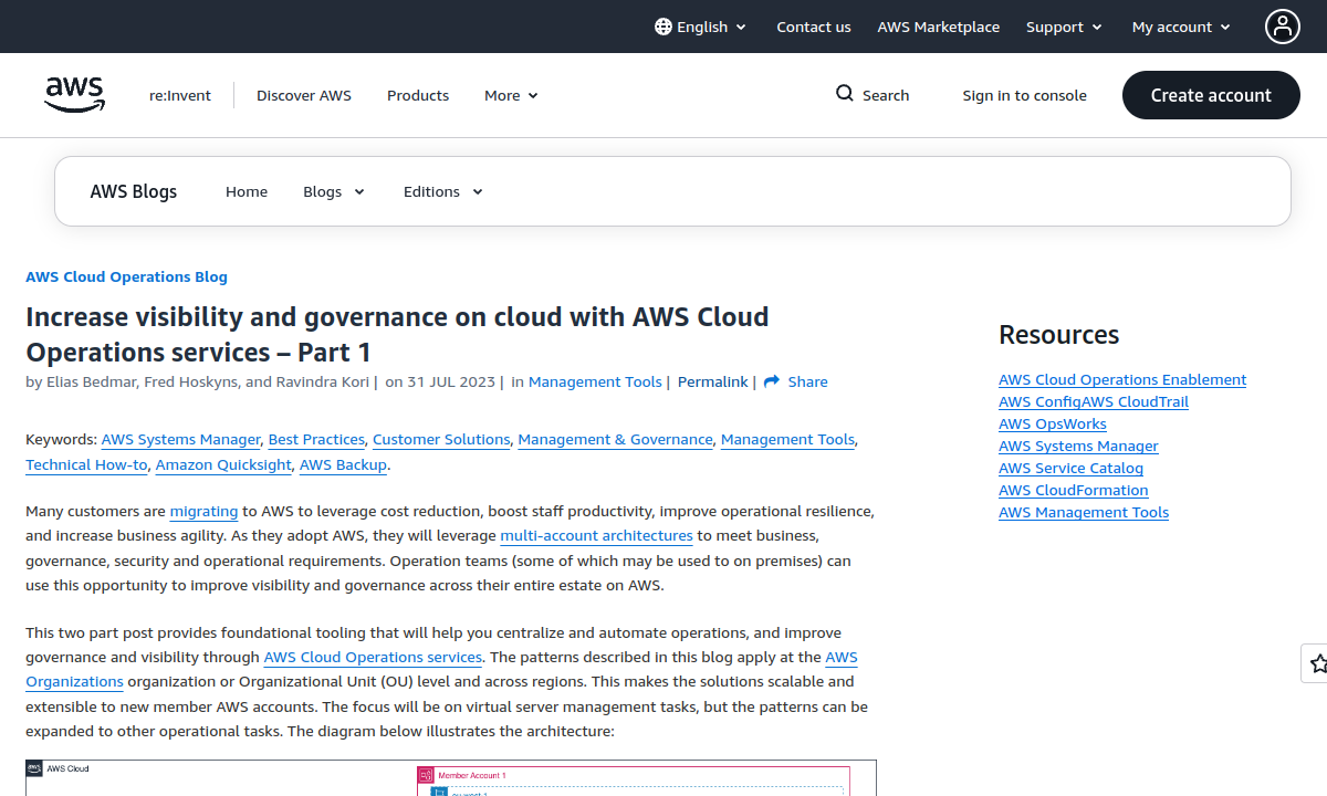 AWS Cloud Operations blog page about visibility and governance