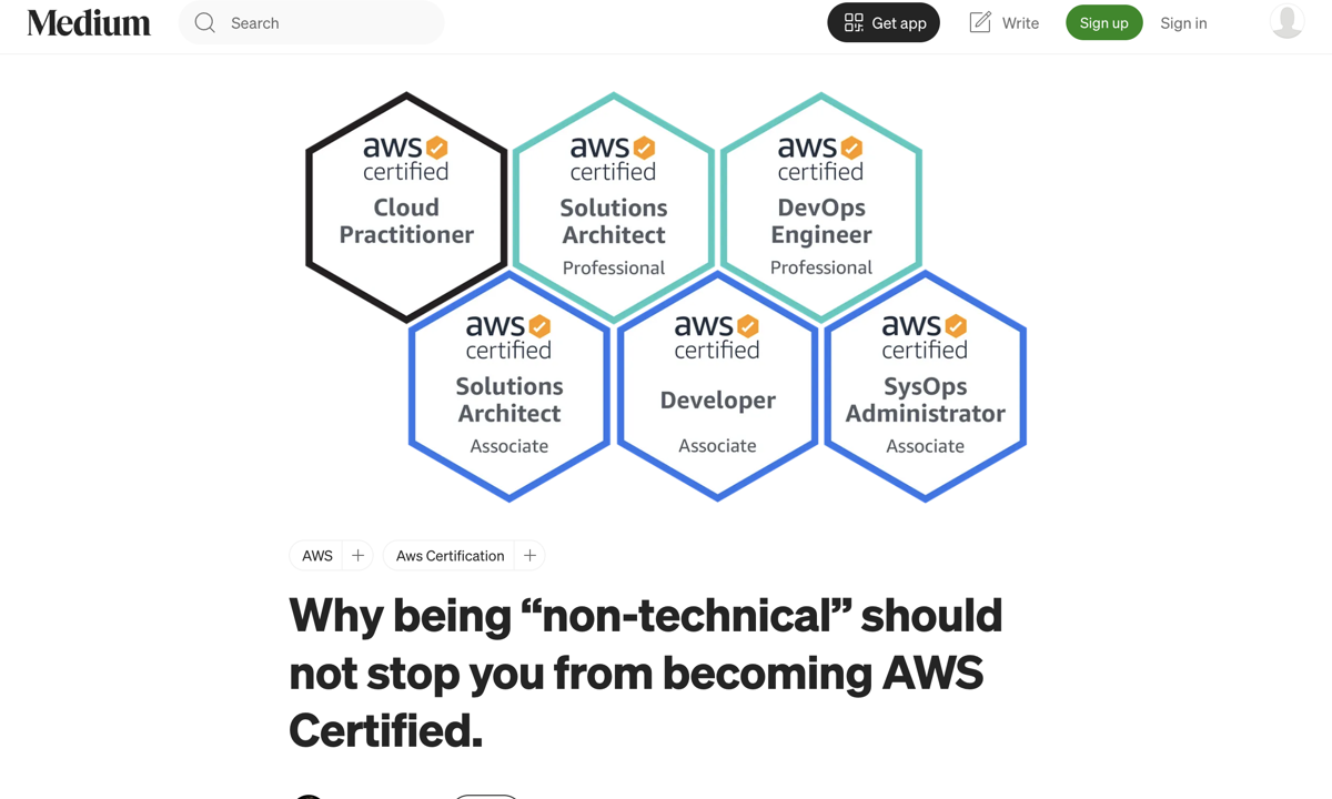 Medium article page for Why being non-technical should not stop you from becoming AWS Certified